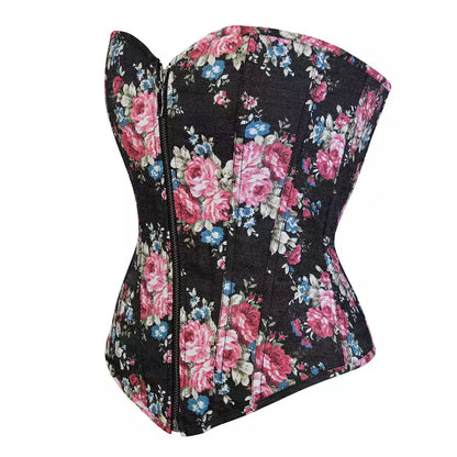 Charming Floral Overbust Corset with Front Zipper and Lace-Up Back