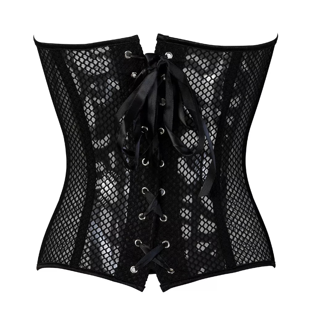 Lace Mesh Overbust Corset with Steel Boning and Front Busk Closure