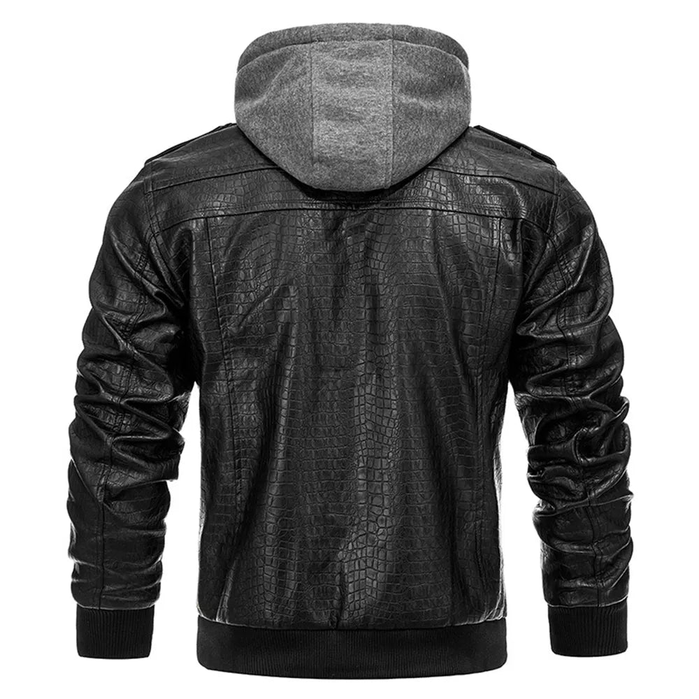 Men's Fashion Stand Collar Faux Leather Bomber Jacket with Detachable Hood