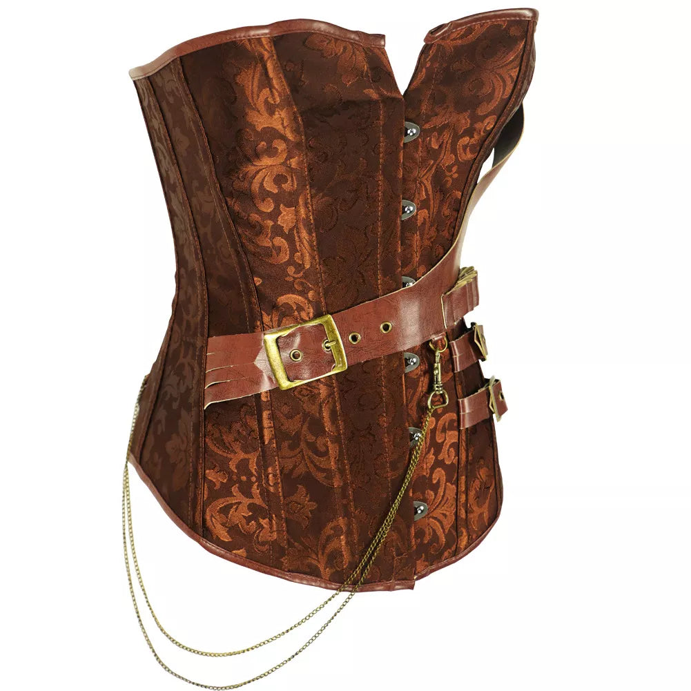 Steampunk Overbust Corset with Leather Belts and Chain Detailing