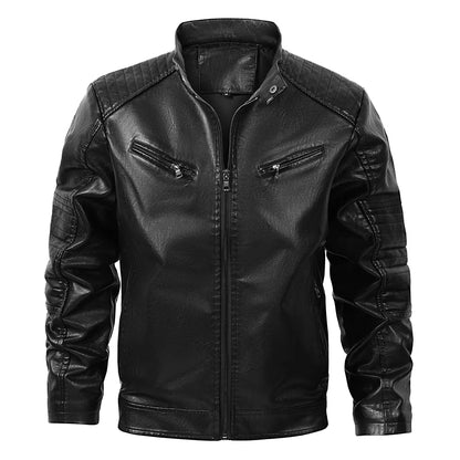 Men’s Stand Collar Leather Jacket Casual Faux Leather Motorcycle Jacket Outerwear Coat with Zipper Pockets