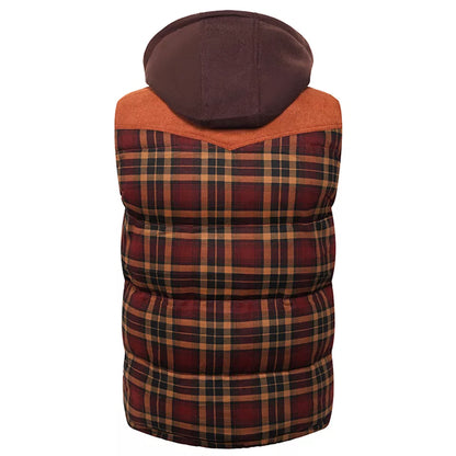 Men's Hooded Cotton Vest with Scottish Plaid Thick Sleeveless Vest