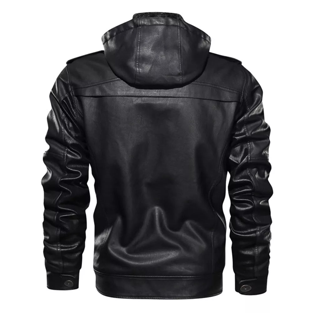 Men's Hooded PU Leather Jacket with Fleece Lining