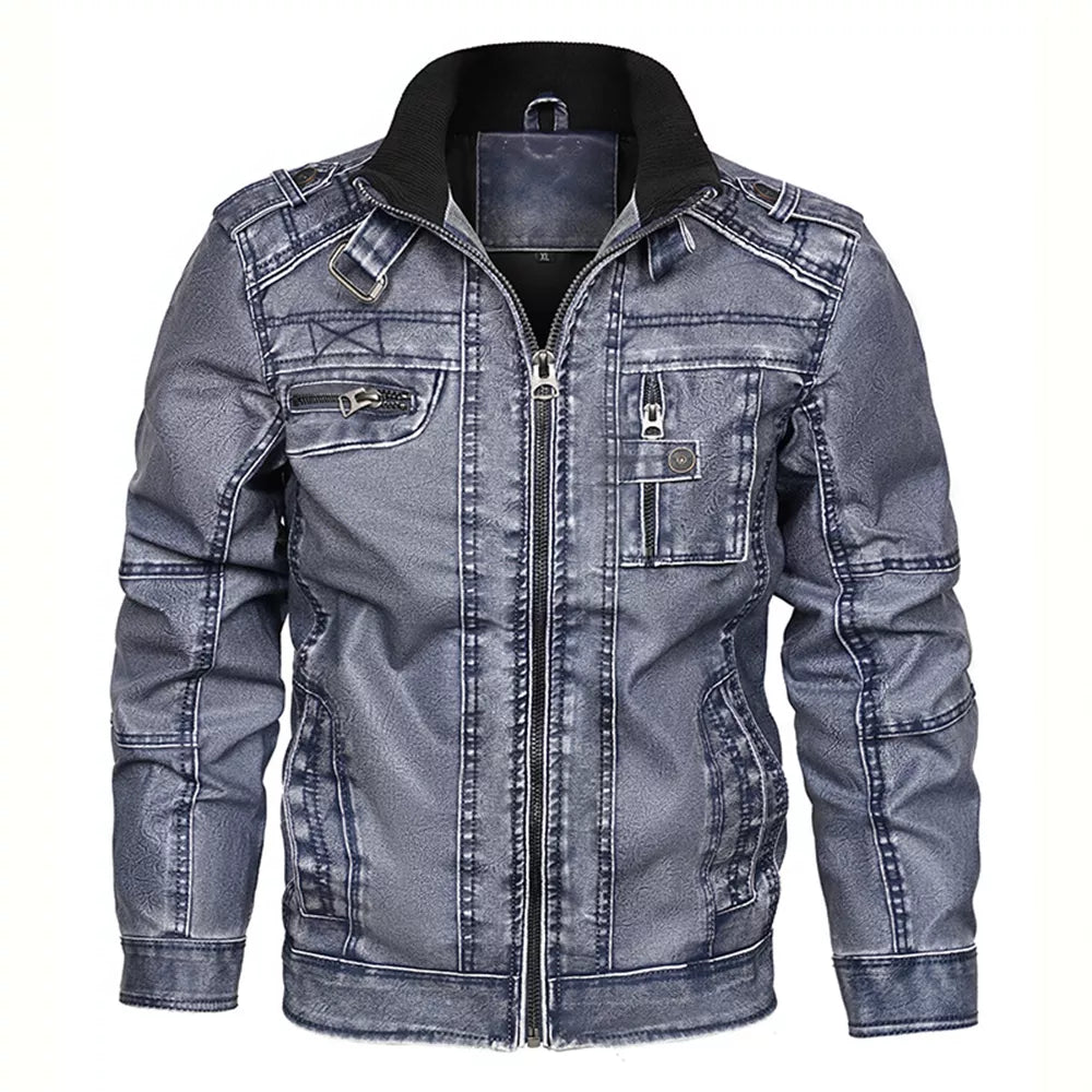 Men's Motorcycle PU Leather Jacket with Distressed Wash and Stand Collar