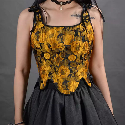 Renaissance Corset Embossed Sunflower Lace-Up Boned Bustier Crop Top