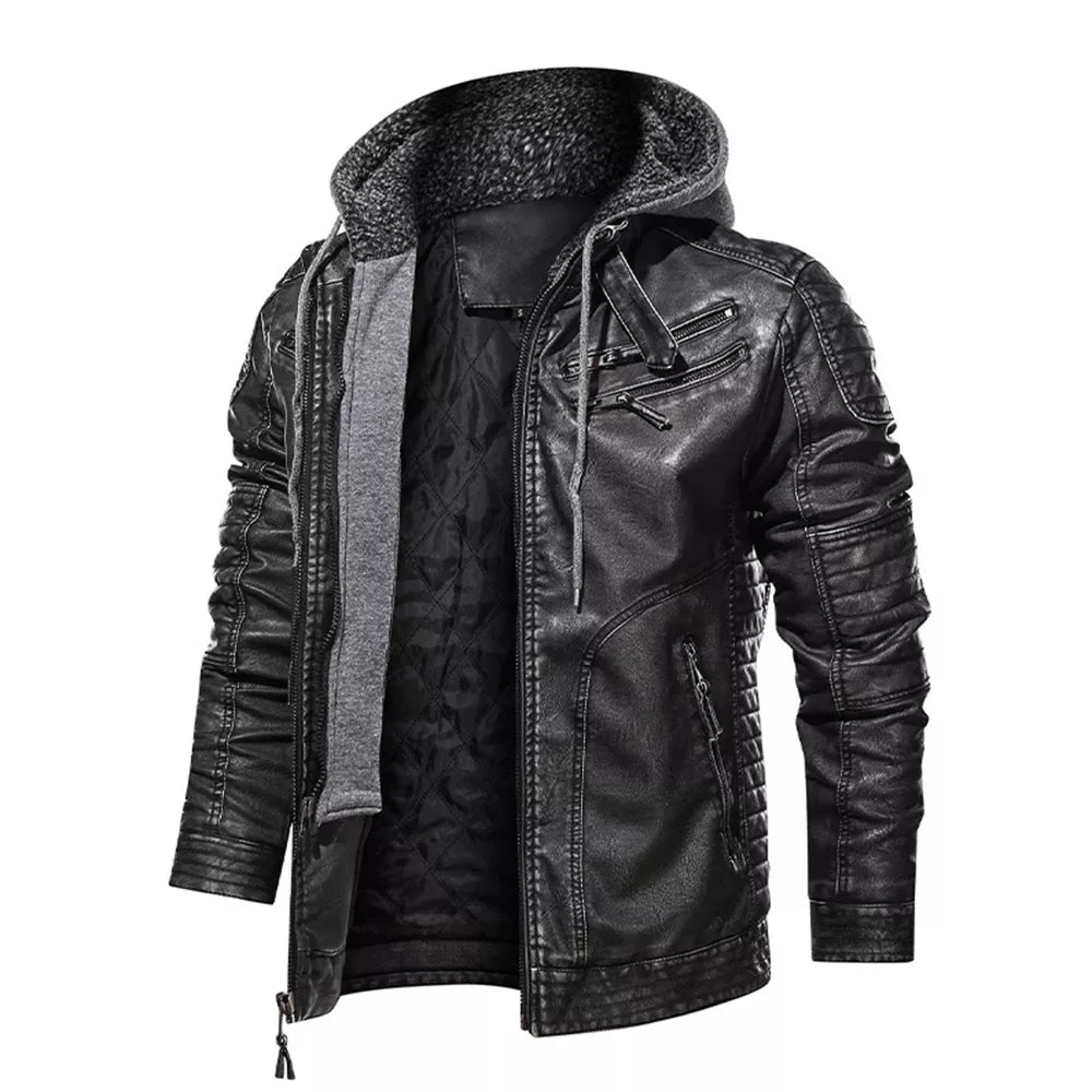 Men’s Stand Collar Warm PU Faux Leather Zip-Up Motorcycle Jacket