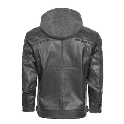 Men’s PU Faux Leather Motorcycle Jacket With a Removable Hood