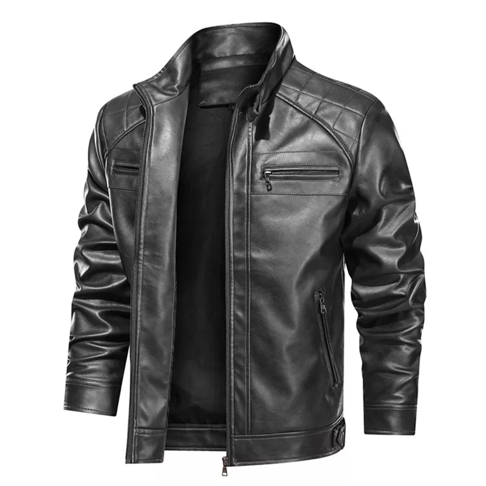 Men's Stand Collar Faux Leather Motorcycle Jacket with Zippered Pockets