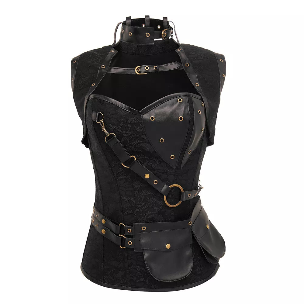 Gothic Corset Overbust Corset with Leather Harness and Pouch