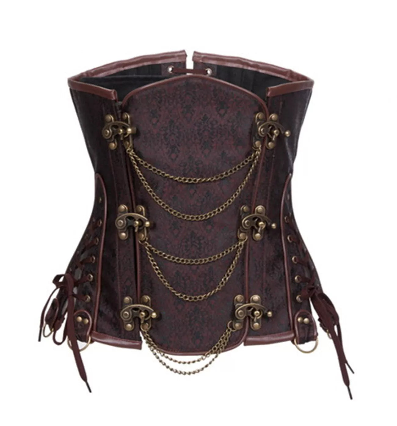 Gothic Overbust Corset with Leather Trim and Brass Chains