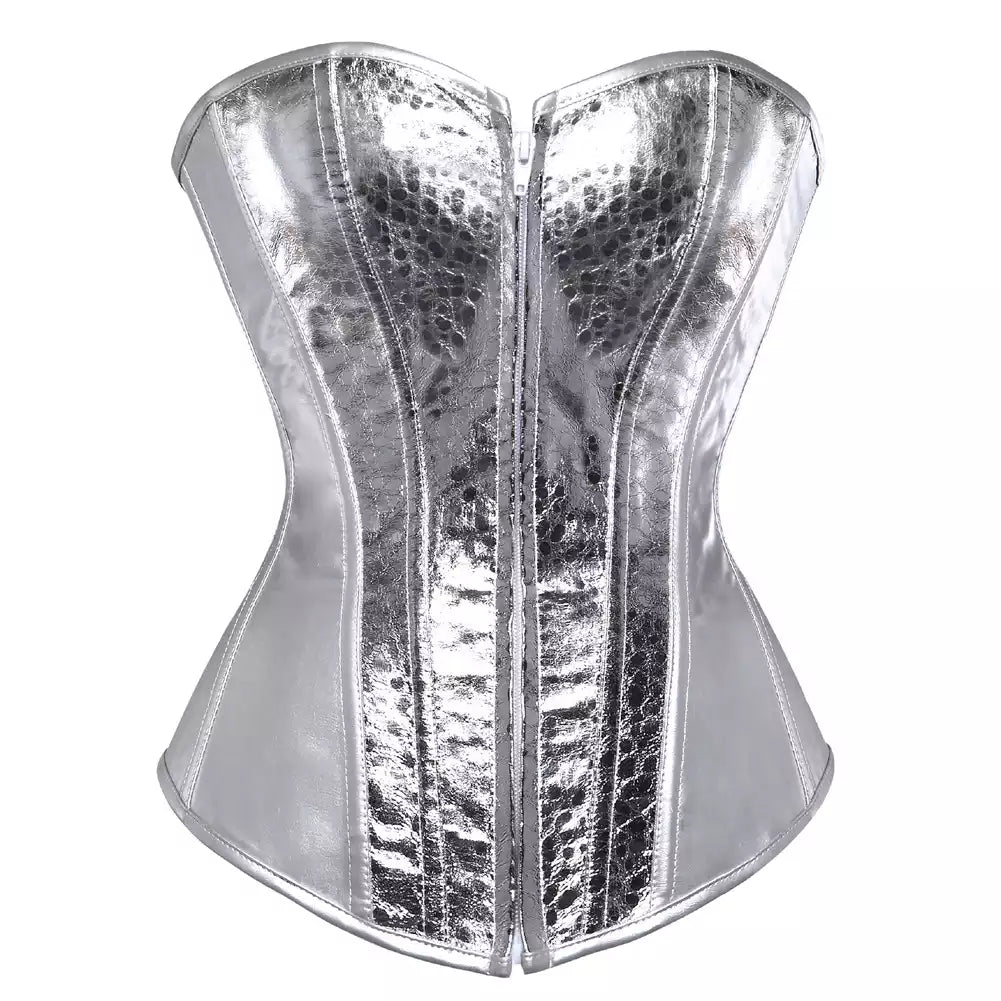 Silver Metallic Overbust Corset with Steel Boning and Lace-Up Back