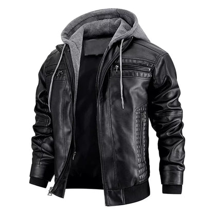 Men's Removable Hood PU Faux Leather Jacket