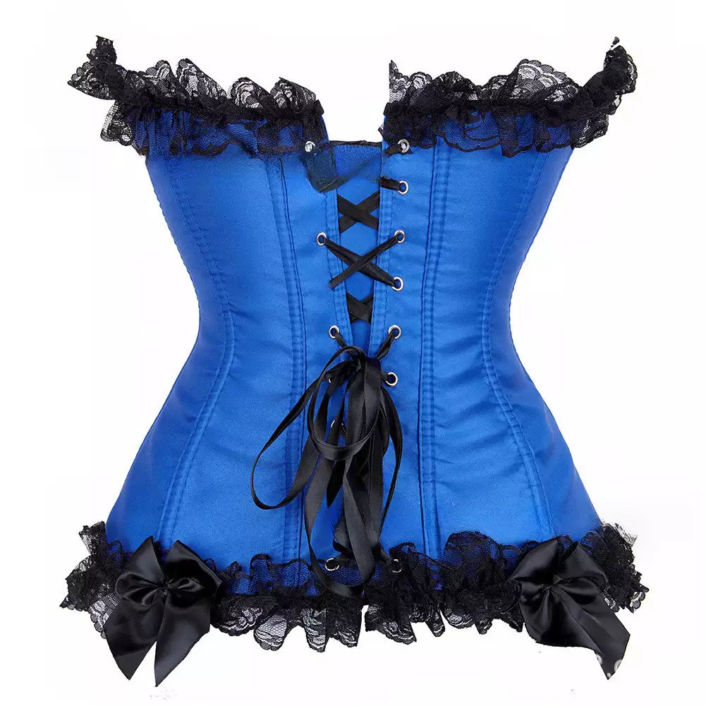 Satin Overbust Corset with Black Flocked Design and Lace Trim