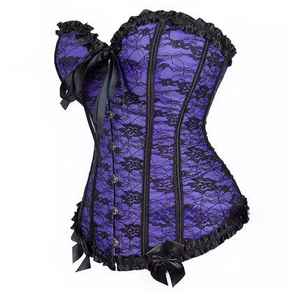 Gothic Lace-Up Overbust Corset with Satin Ribbon and Steel Boning