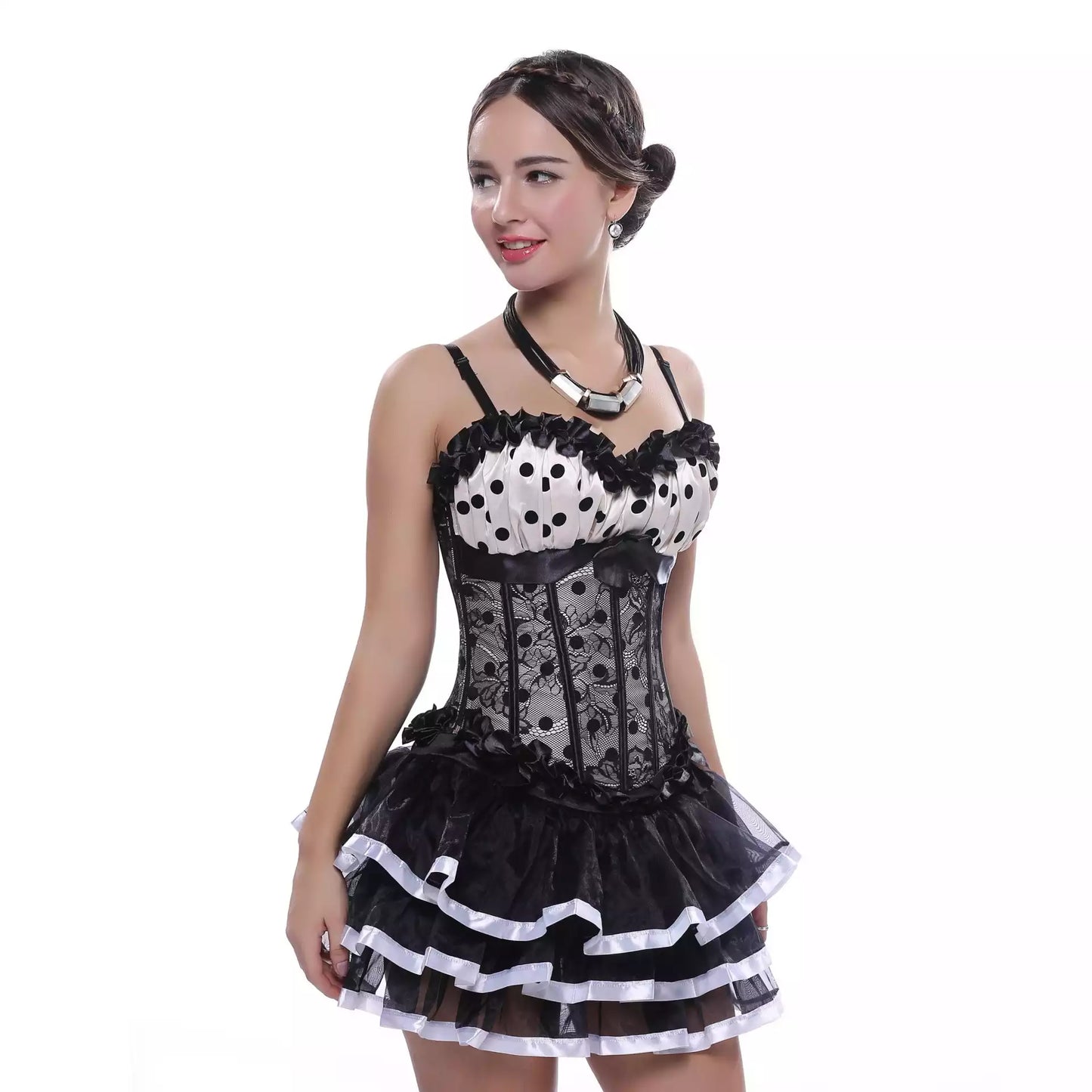 Overbust Corset with Black Lace and Ribbon Accents