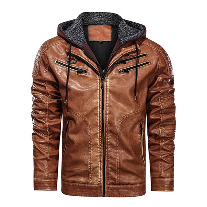 Men’s Stand Collar Warm PU Faux Leather Zip-Up Motorcycle Jacket