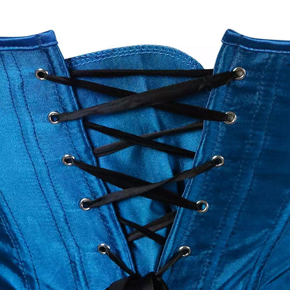 Satin Overbust Corset with Peacock Feather Embroidery and Lace-Up Back