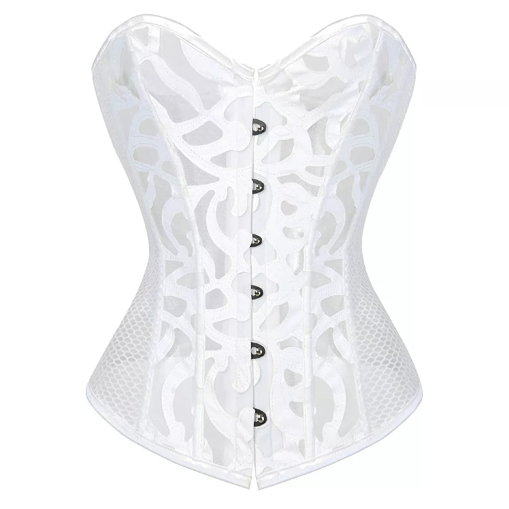 Lace Mesh Overbust Corset with Steel Boning and Front Busk Closure