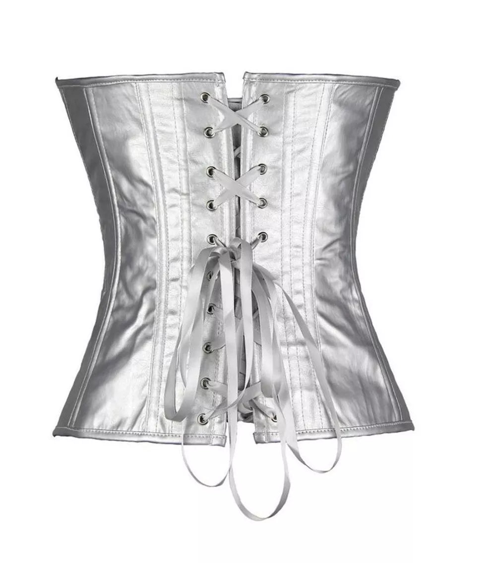 Silver Metallic Overbust Corset with Steel Boning and Lace-Up Back