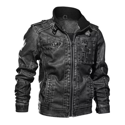 Men's Motorcycle PU Leather Jacket with Distressed Wash and Stand Collar