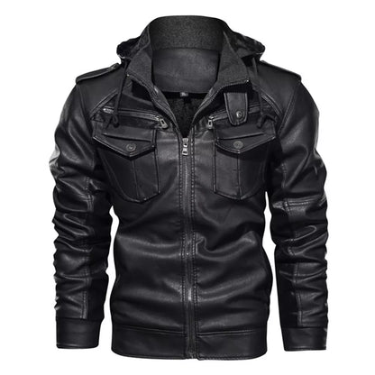 Men's Hooded PU Leather Jacket with Fleece Lining