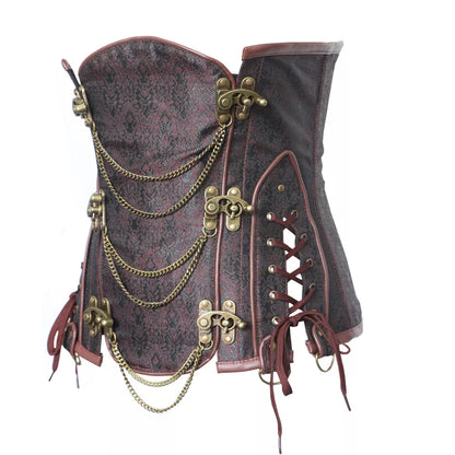 Gothic Overbust Corset with Leather Trim and Brass Chains