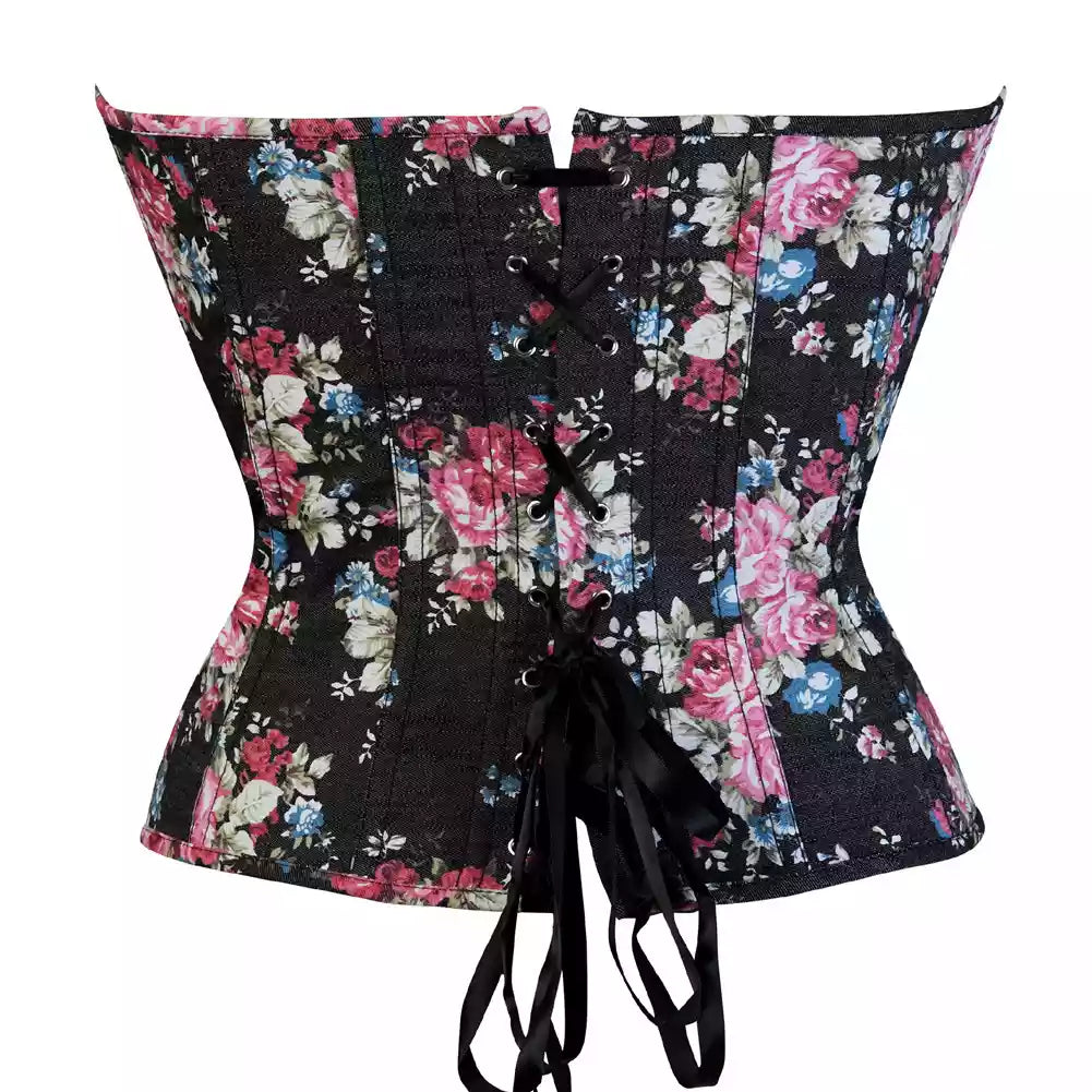 Charming Floral Overbust Corset with Front Zipper and Lace-Up Back