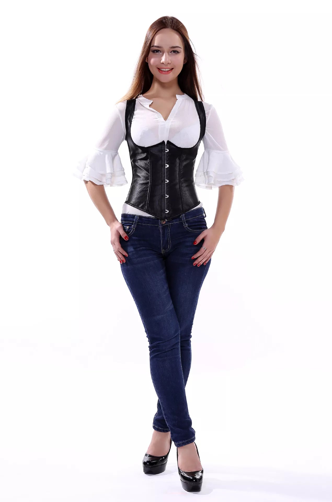 Black Satin Underbust Corset with Shoulder Straps and Front Busk Closure