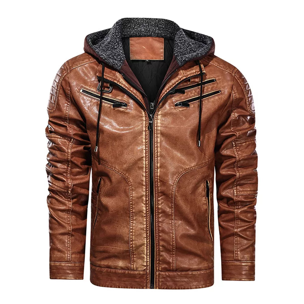 Men’s Stand Collar PU Leather Motorcycle Jacket with Detachable Hood