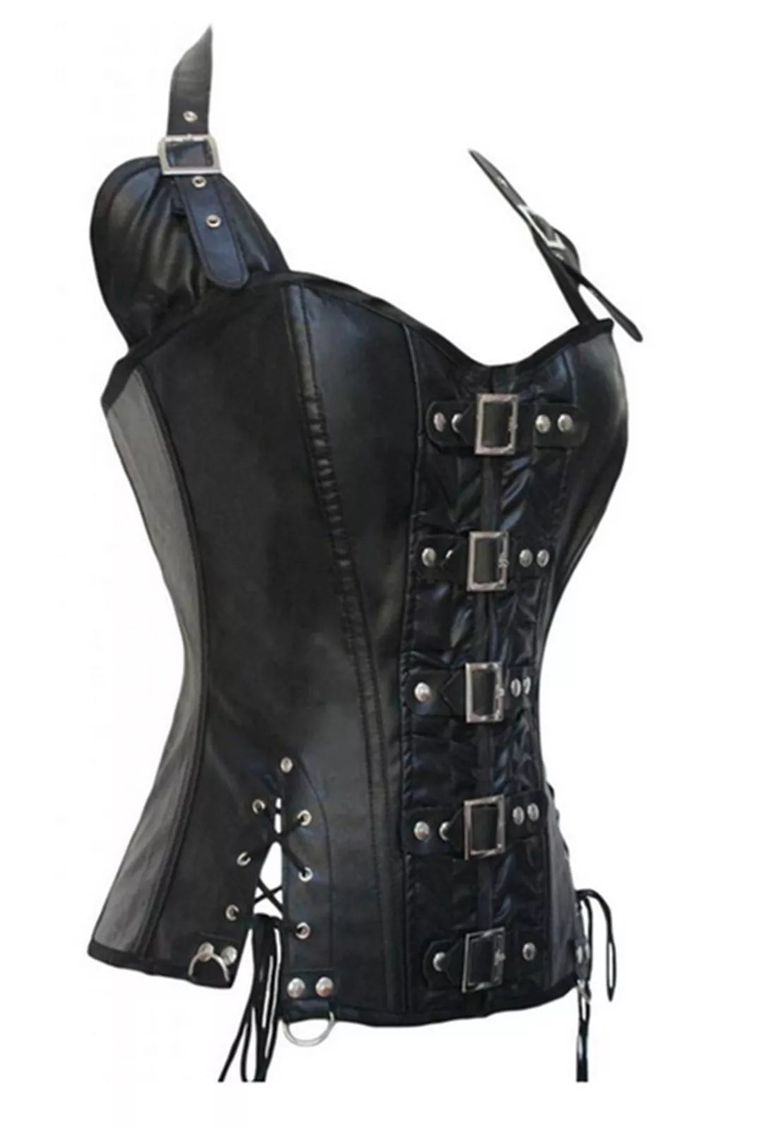 Steampunk Leather Overbust Corset with Brass Buckles and Side Lacing