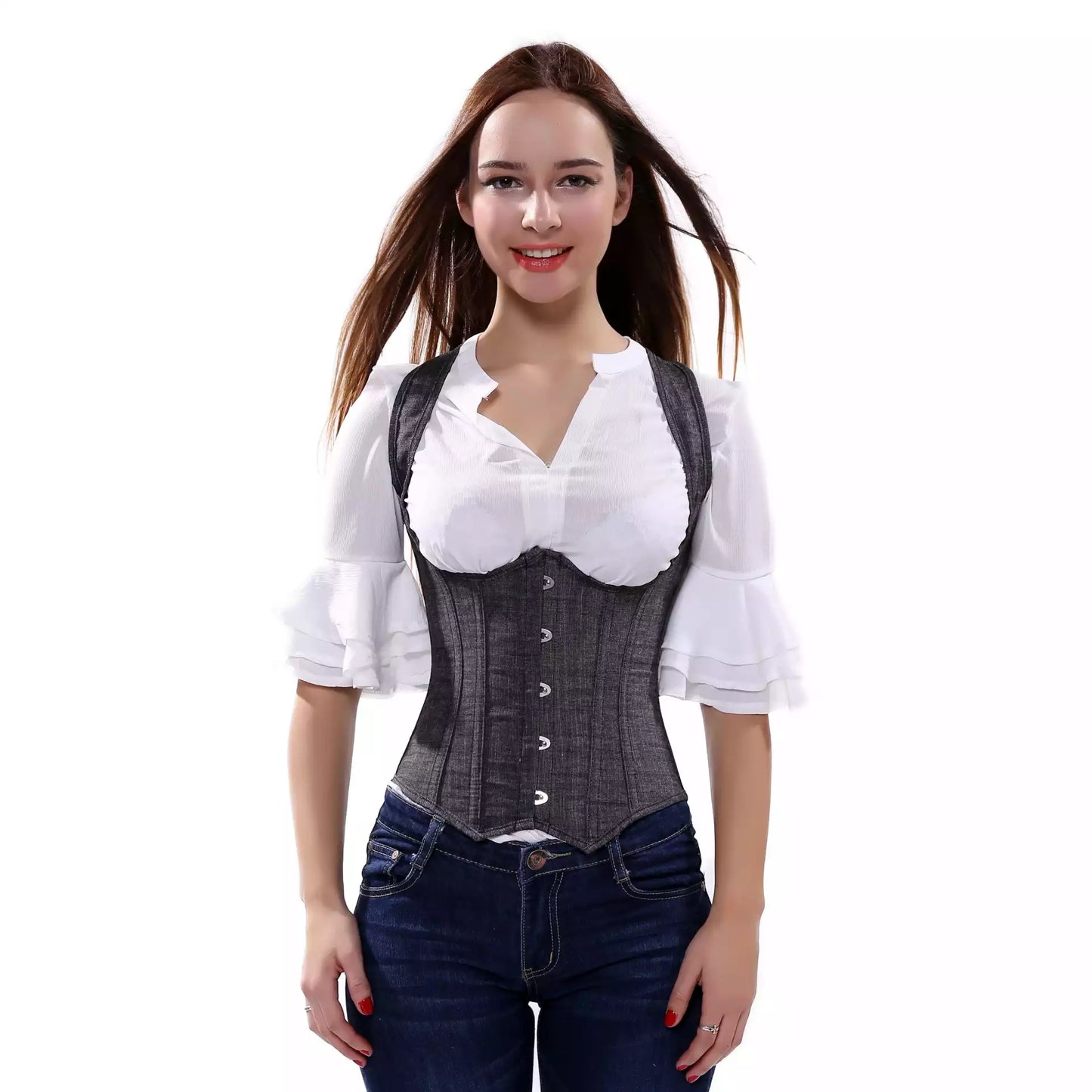 Classic Gray Underbust Corset with Shoulder Straps and Steel Boning