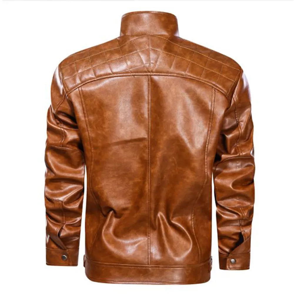 Men's Stand Collar Faux Leather Motorcycle Jacket with Zippered Pockets