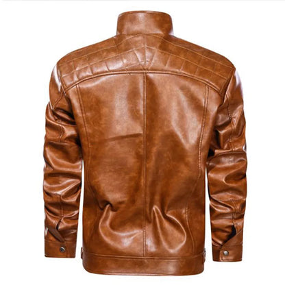 Men's Stand Collar Faux Leather Motorcycle Jacket with Zippered Pockets