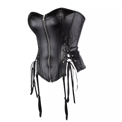 Steampunk Black Leather Corset Top with Side Lacing and Zipper Front