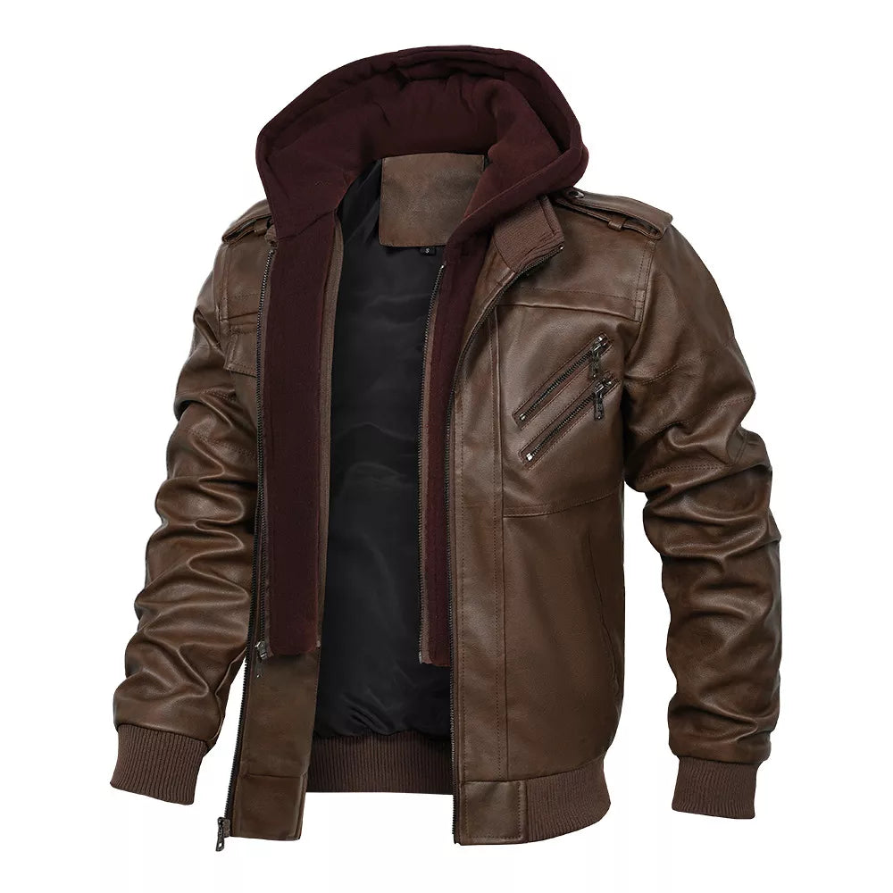 Men's PU Leather Bomber Jacket with Detachable Hood