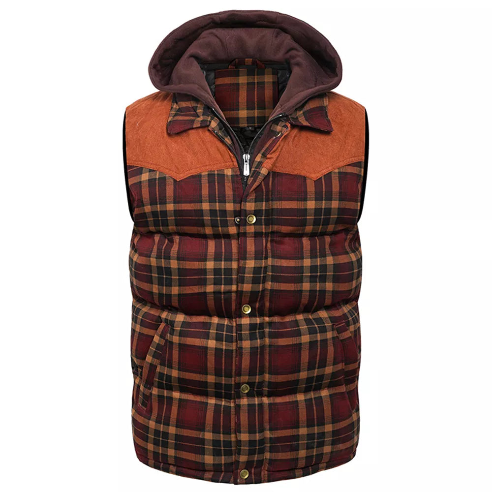 Men's Hooded Cotton Vest with Scottish Plaid Thick Sleeveless Vest