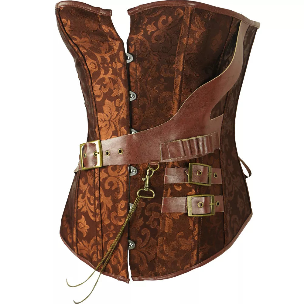 Steampunk Overbust Corset with Leather Belts and Chain Detailing