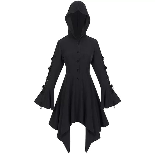 Women's Gothic Hooded Cape Coat Steampunk Lotus Sleeve Hem Coat