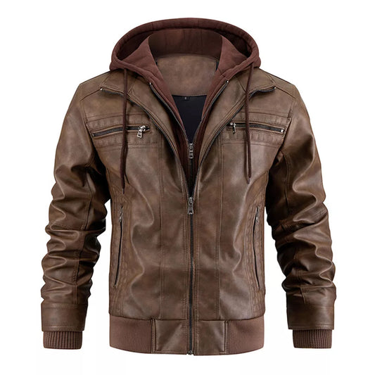 Men's Removable Hood PU Faux Leather Jacket