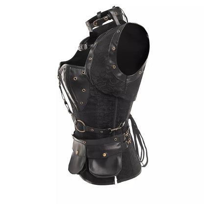 Gothic Corset Overbust Corset with Leather Harness and Pouch