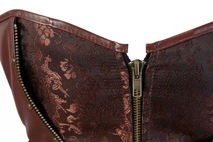 Steampunk Brown Brocade Overbust Corset with Zipper and Leather Straps