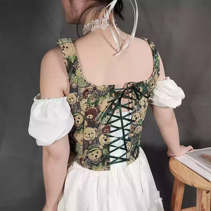 Renaissance Style Jacquard Corset with Bow-Tie Shoulder Straps