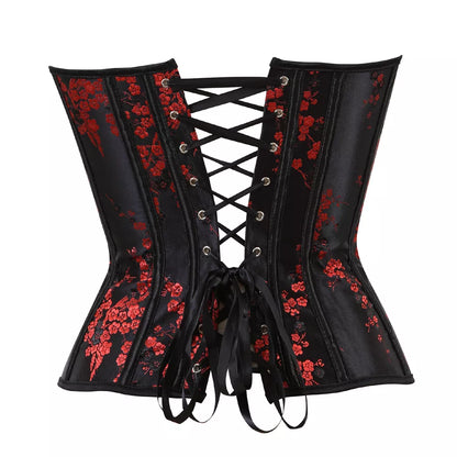 Striking Floral Jacquard Overbust Corset with Lace-Up Detailing