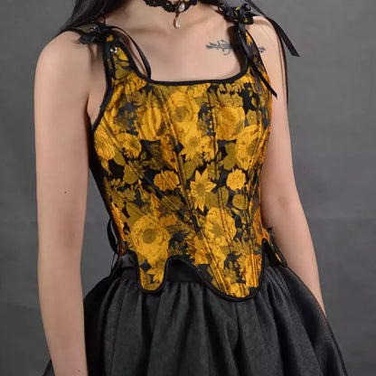 Renaissance Corset Embossed Sunflower Lace-Up Boned Bustier Crop Top