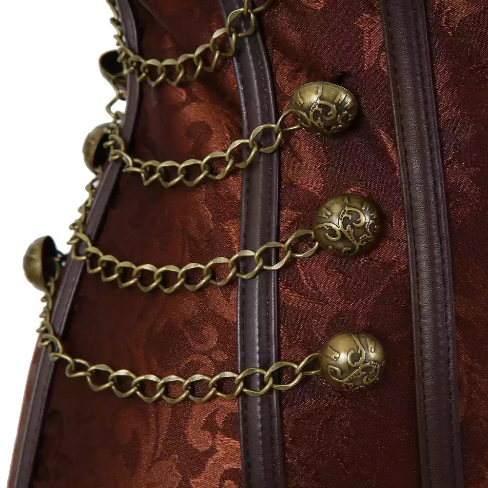 Gothic Jacquard Overbust Corset with Antique Brass Chains and Clasps