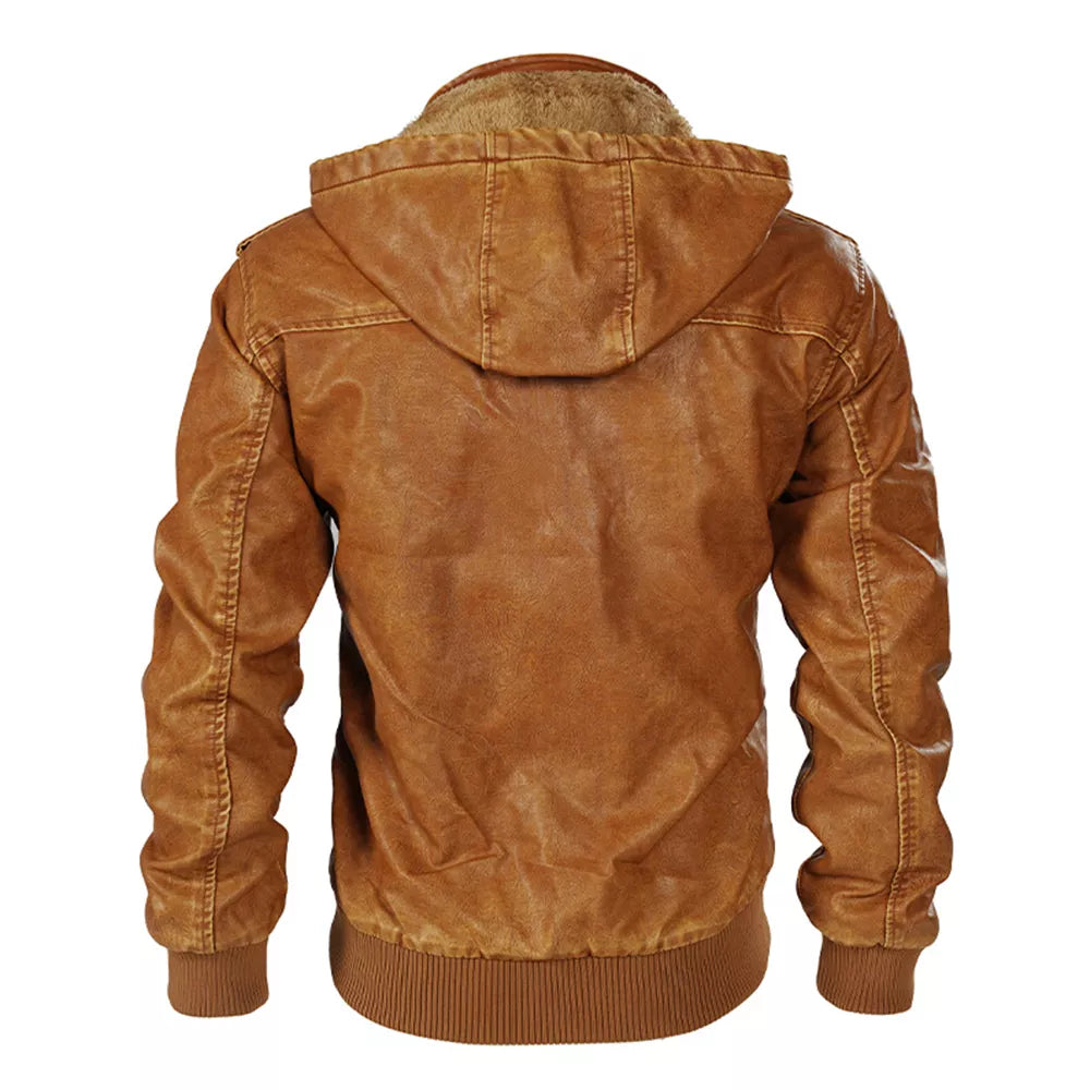 Men's Sleek Stand Collar PU Leather Bomber Jacket with Detachable Hood