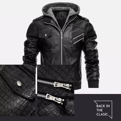 Men's Fashion Stand Collar Faux Leather Bomber Jacket with Detachable Hood