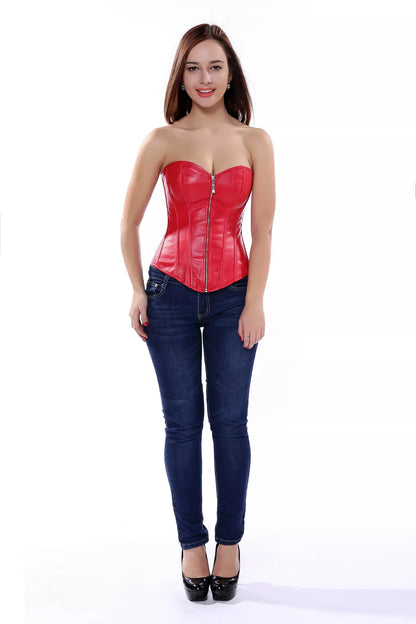 Steampunk Corset Leather Overbust Corset Top with Lace-Up Back and Zipper Front