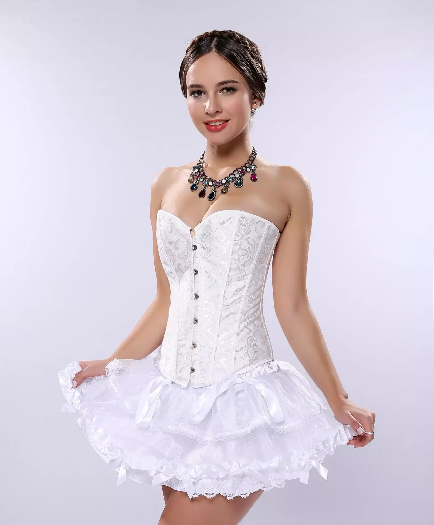 Timeless Lace-Trimmed Jacquard Overbust Corset with Ribbon Ties