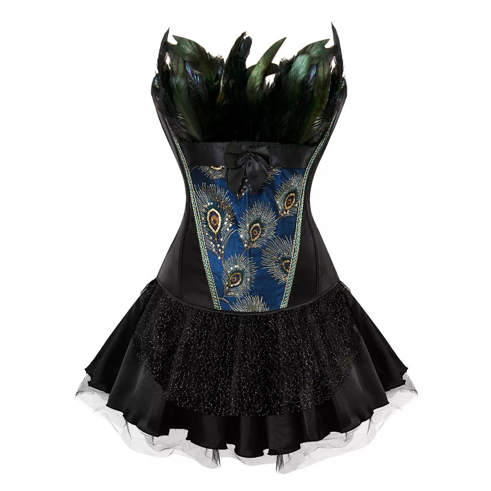 Satin Overbust Corset with Peacock Feather Embroidery and Lace-Up Back